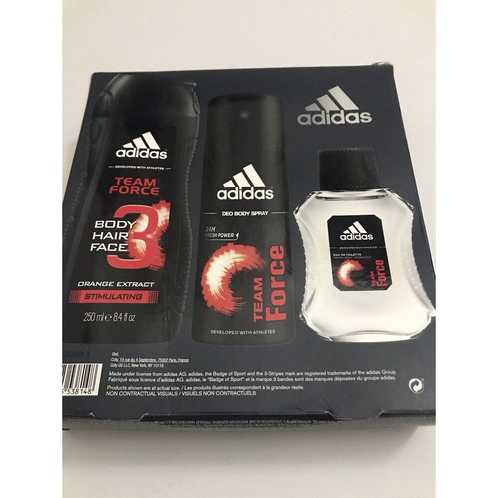 Adidas Team Force Set Of 3- EUA De Toilette Body Hair Face Gel & Deo Body Spray